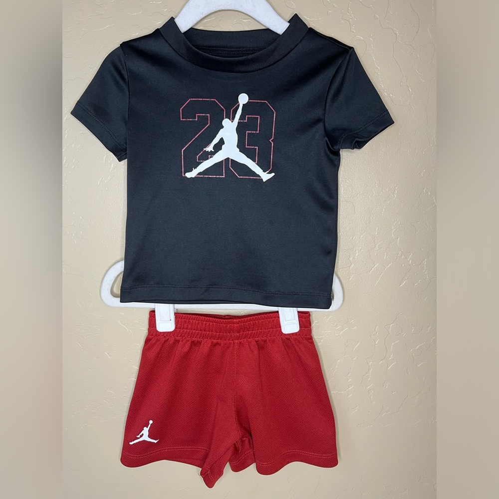 Air Jordan Baby Boy 2 Piece T-Shirt & Shorts Set~ Black, White & Gym Red~DRI-FIT